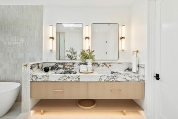 Modern bathroom with marble countertop and dual mirrors.