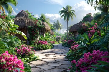 Fototapeta premium A tranquil tropical serene beach waterfall natural surrounded by lush greenery and vibrant