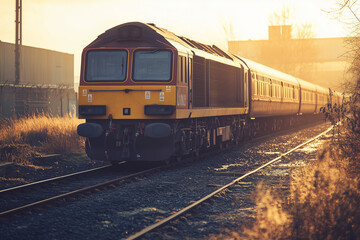 Obraz premium Aerial view of cargo train on railway, Selective focus train with container box for logistic transportation.