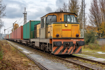 Fototapeta premium Aerial view of cargo train on railway, Selective focus train with container box for logistic transportation.