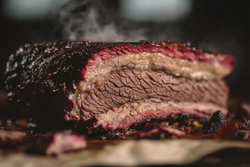 Fototapeta premium Selective focus smoked brisket on grill with hot smoke, Close up shot juicy smoked brisket with smoke ring, Texas barbeque style concept.