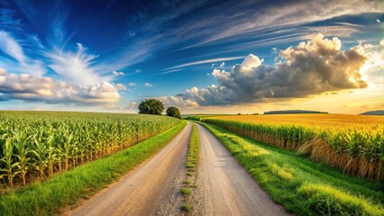 Obraz premium Wide-Angle Panoramic landscape with country road and corn fields