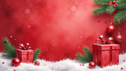 Christmas red background with gift boxes, pine branches and balls. With copy space.