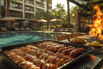 barbecue with grilled food, cocktails, and guests enjoying