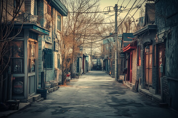 Obraz premium Empty alley street with secret cafeteria, Landscape view of alley among civilization town, Walking street in the alley.