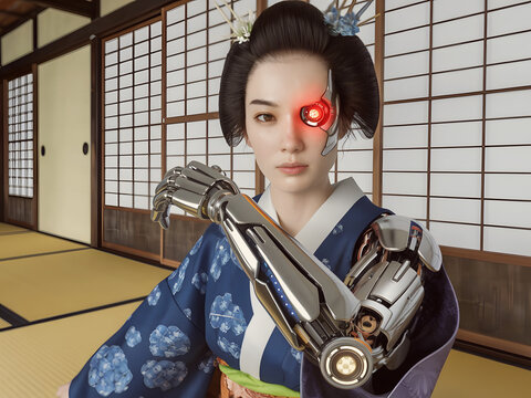 Cyborg Geisha with glowing eye and a High-Tech arm in traditional Japanese Tatami room, contrast between the traditional and futuristic concept