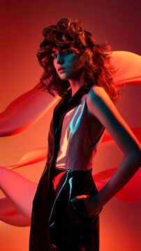 Female Model in black outfit with vibrant color contrasts, retro glam, neon noir fashion concept