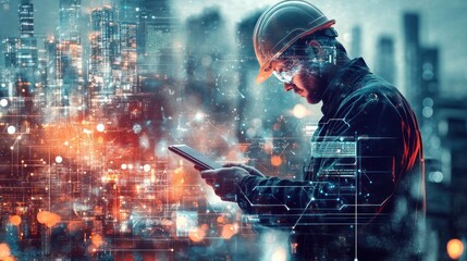 A double exposure image featuring a male engineer using a tablet, overlaying a futuristic cityscape with glowing network connections and digital data streams.