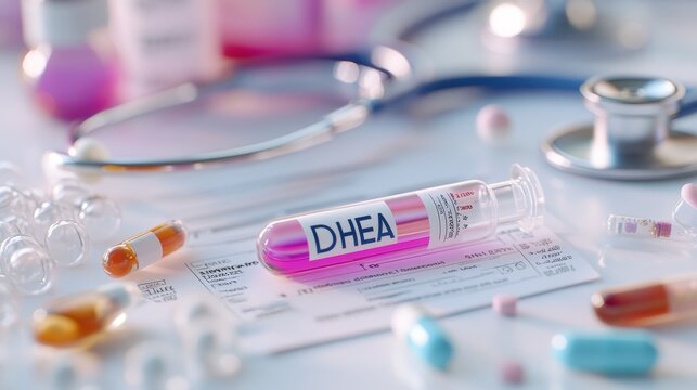 DHEA supplement test tube and capsules in clinical research setting for anti-aging and fitness product advertisements