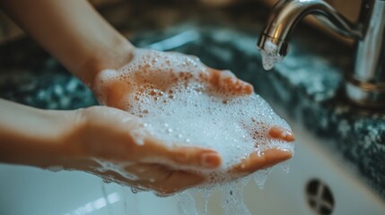 Fototapeta premium Woman washing hands with soap and water in bathroom sink
