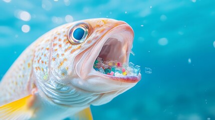 Fish consuming plastic debris and microplastics in polluted ocean water for educational resources on marine ecology and conservation