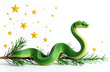 Fototapeta premium A green snake crawls along a fir branch on a white background with yellow stars