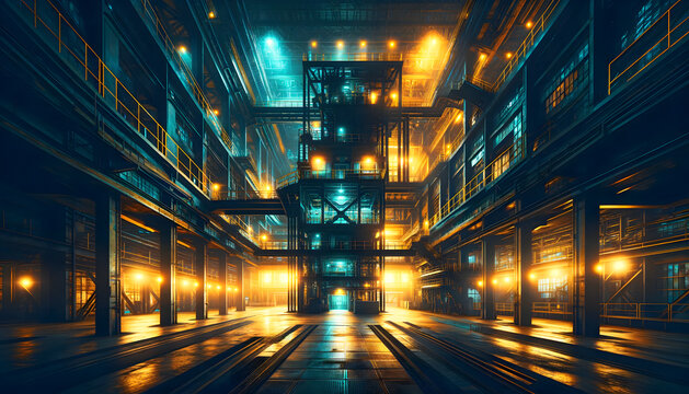 Cyberpunk Factory interior, multi-level Industrial space with dramatic lighting