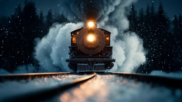 Historic steam locomotive. Old vintage black train ride in the snowy forest in north pole. Fairy tale winter landscape. Retro aesthetic. Christmas and New Year concept