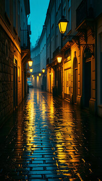 Cobblestone street reflecting warm lamplight on rainy night in old European alley