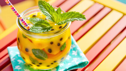 A Vibrant Drink with Bright Yellow and Orange Hues Served with a Colorful Straw