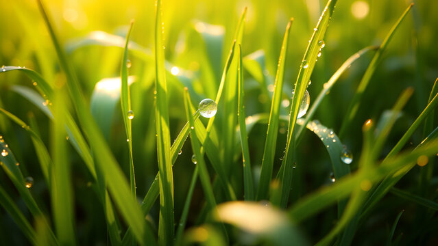 Morning dewdrops on vibrant green grass, closeup photography