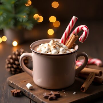A cozy Christmas-themed hot chocolate scene on a rustic wooden table