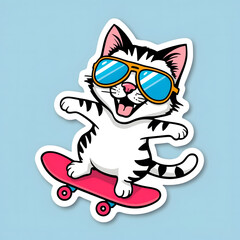 Playful Sticker Cat on Skateboard in Aviator Sunglasses Against a Light Blue Background