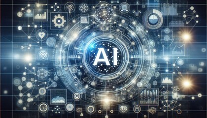 Fototapeta premium Conceptual Visualization of Deep Learning Integration with Data Analytics: AI-driven Analysis, Neural Networks, and Futuristic Holographic Interface in Technological Innovation