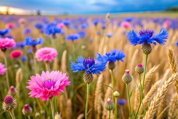 Fototapeta premium Wide-angle pink and blue cornflowers in a field with more flowers and wheat in the background