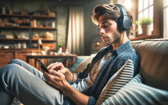 Young man  with headphones and smartphone  relaxing listening music in a cozy living room
