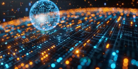 Obraz premium Futuristic digital grid with a glowing holographic globe, symbolizing global technology, data networks