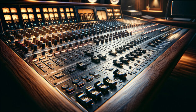 Vintage analog audio mixing board with illuminated VU meters and wooden trim, professional music studio equipment
