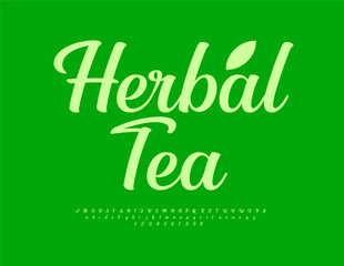 Naklejka premium Vector green logo Herbal Tea. Beautiful Cursive Font. Modern Alphabet Letters and Numbers set.
