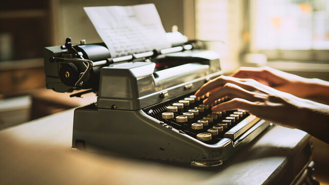 Hands typing on vintage typewriter with soft natural light in retro workspace