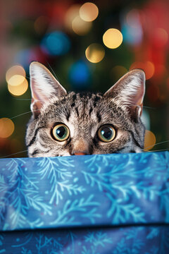 Curious cat peeking over festive blue gift box with colorful holiday bokeh background