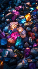 A variety of vibrant gemstones and crystals lie on dark pebbles, illuminated by soft light, creating a colorful, mystical display.
