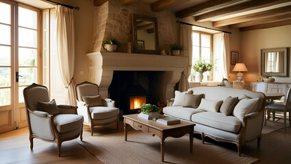 Fototapeta premium Two elegant armchairs and a classic sofa arranged by a large stone fireplace