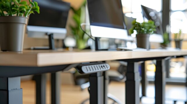 Detail of a height adjustable standing desk with a focus on the control panel allowing employees to alternate between sitting and standing positions