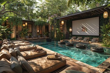 A poolside yoga session with participants on mats next to the water