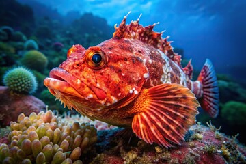 Fototapeta premium Wide-Angle Red Scorpionfish swimming in the Pacific Ocean with Pacific marine fauna in Koh Lipe island