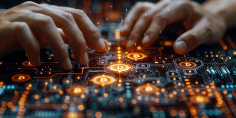 Hands interacting with a digital interface displaying glowing bitcoin symbols, representing cryptocurrency, blockchain technology