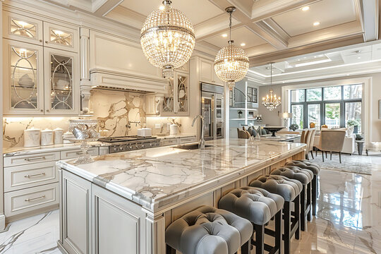 Kitchen European palace modern style interior design in white with antique carved furniture.