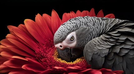 Obraz premium A parrot is sitting on a red flower