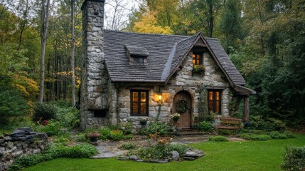 Fototapeta premium Stone cottage with a cozy, old-world charm.