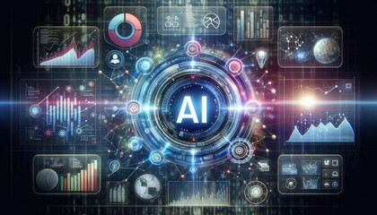 Fototapeta premium Conceptual Visualization of Deep Learning Integration with Data Analytics: AI-driven Analysis, Neural Networks, and Futuristic Holographic Interface in Technological Innovation