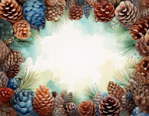 Fototapeta premium watercolor of pine cones all around isolated with empty copy space in the middle
