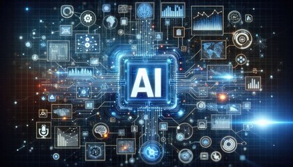 Obraz premium Conceptual Visualization of Deep Learning Integration with Data Analytics: AI-driven Analysis, Neural Networks, and Futuristic Holographic Interface in Technological Innovation