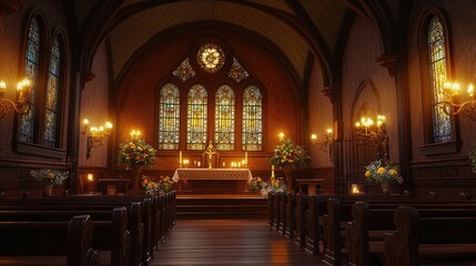 Fototapeta premium A serene Victorian chapel with arched windows of stained glass