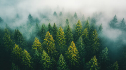 Fototapeta premium A serene view of a fog-covered forest with towering evergreen trees during a misty morning in nature