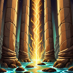 A digital illustration of four towering stone pillars surrounding a bright, golden light beam that emanates from the water below. The water is a vibrant teal color with ripples and a few rocks.