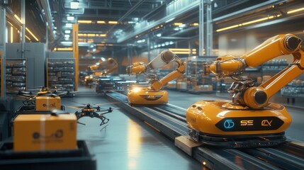 A futuristic logistics center with robotic arms and drones managing package sorting