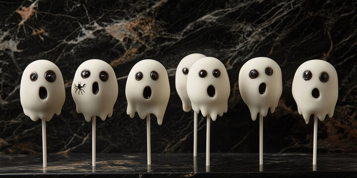Spooky Halloween cake pops on dark background.