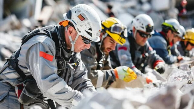 A team of rescue workers diligently combs through debris in a devastated urban area, striving to locate any survivors and provide assistance. The urgency of their task is palpable