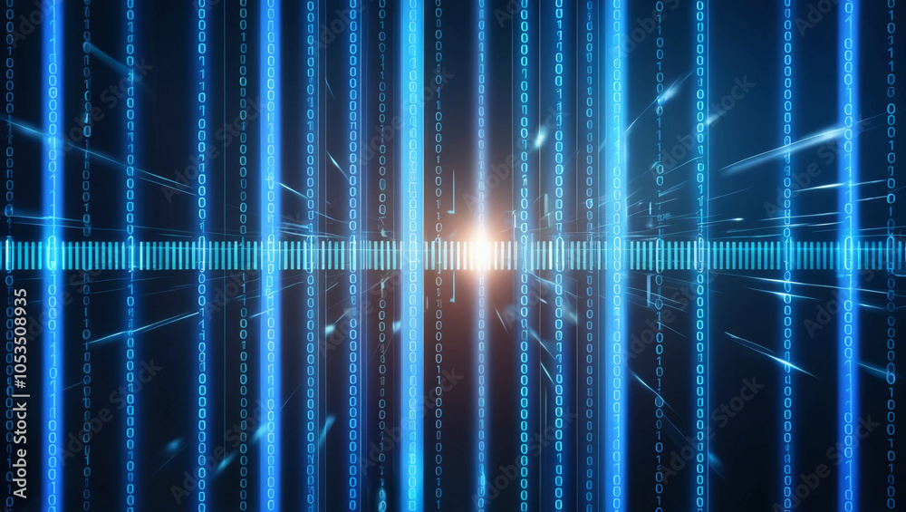 Poster blue digital data flow, vertical stripes of light and binary code representing information transfer 
